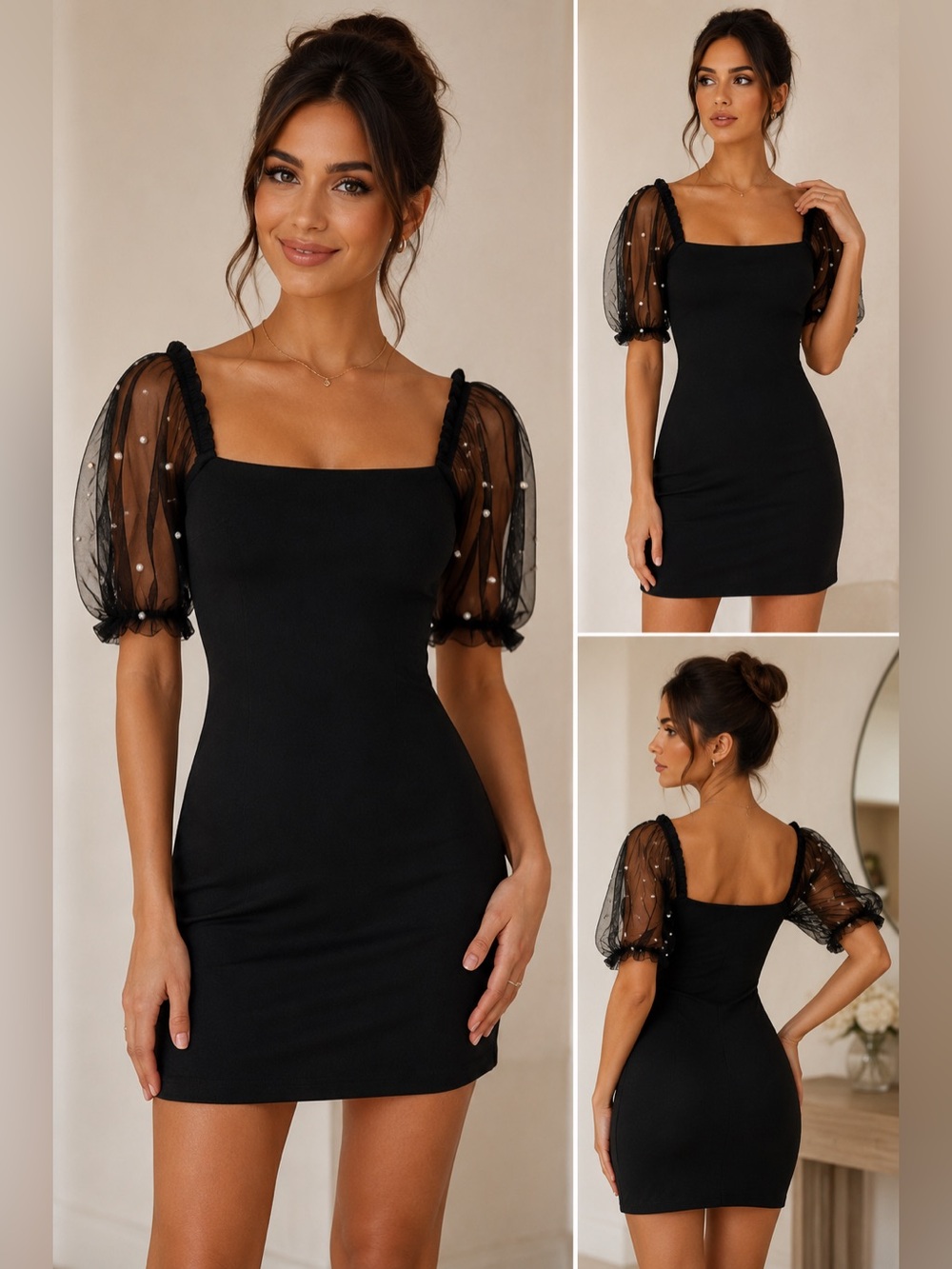 Thirty Thirty Black Pearl Sleeve Bodycon Mini Dress – Women’s XS